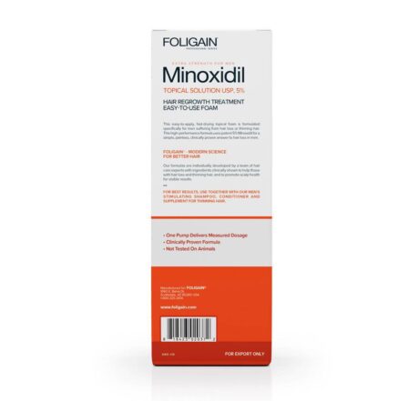 Spumă Foligain Minoxidil 5%, Tratament crestere păr și barbă pentru bărbați, 2 flacoane, lateral cutie