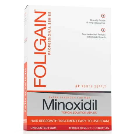 Spumă Foligain Minoxidil 5%, Tratament crestere păr și barbă pentru bărbați, cutie 3 flacoane, 180ml